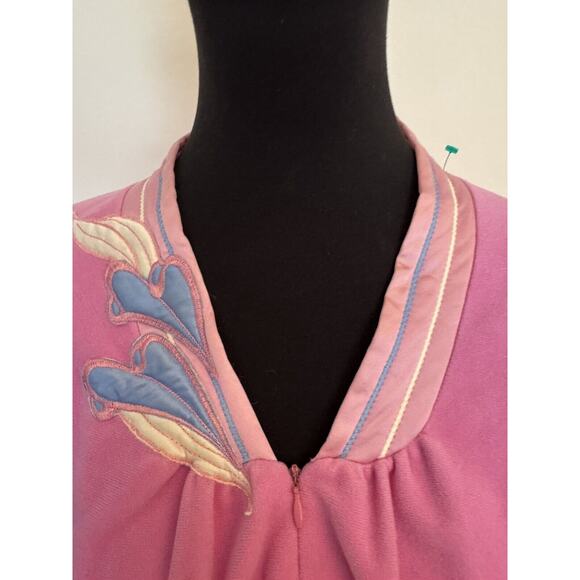 Vanity Fair Long PINK White Blue Applique robe House Zip Large pockets vintage - Picture 4 of 14